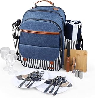 Sunflora Picnic Backpack Set for 2 People with Insulated Cooling and Blanket, Picnic Basket 2 People for Family Camping Outdoor (Blue & Stripes)