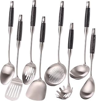 18/10 Stainless Steel Kitchen Utensils Set with Wooden Handle, 8Pcs 15” Long Cooking Utensil Set & Kitchen Gadgets Cookware Set, Serving Utensils-Spatula, Turner, Pasta, Serving Spoon, Skimmer, Ladle