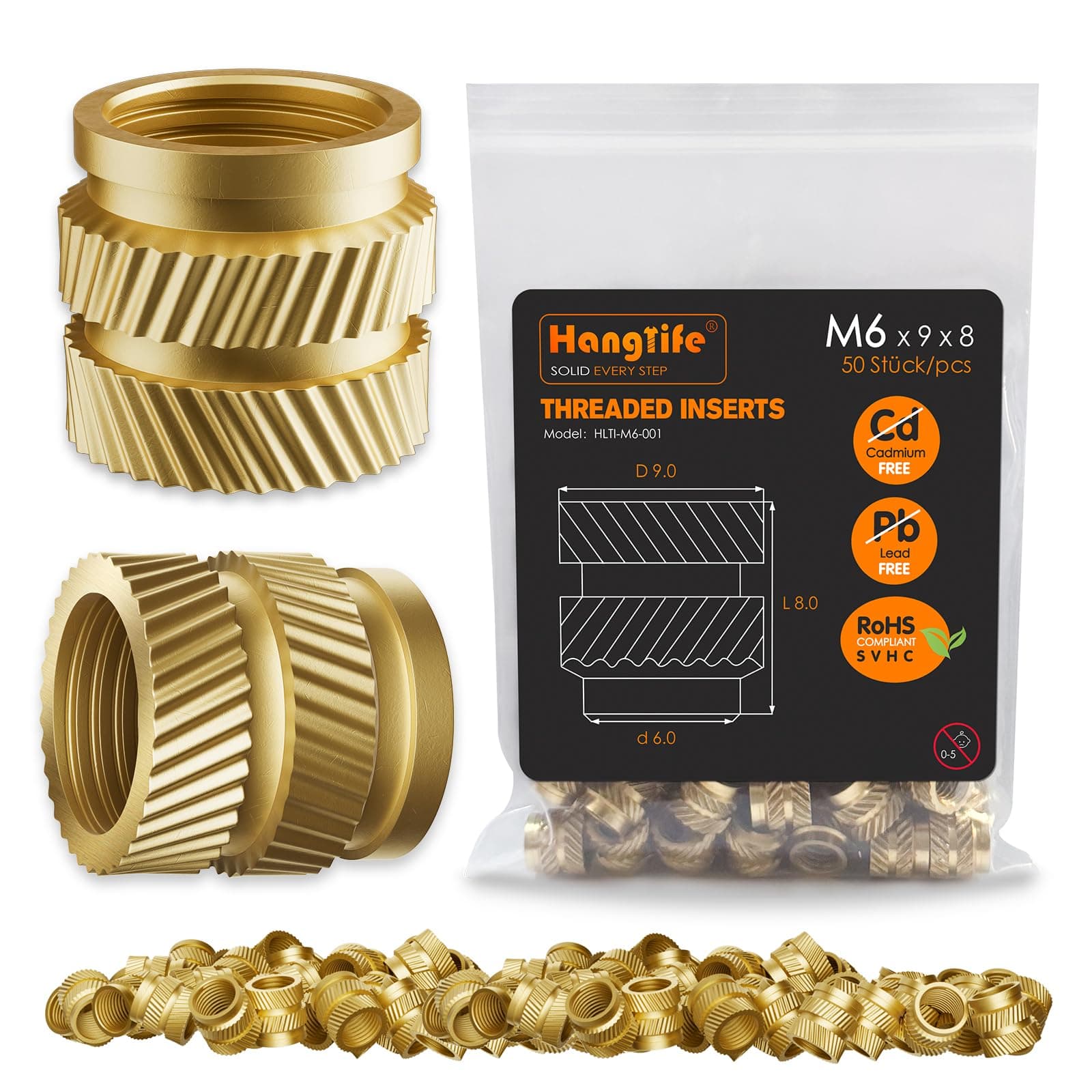 HANGLIFE Heat-Set Threaded Inserts, M6 Heat Set Insert for 3D Printing Components and Plastic Parts - Brass Metric Knurled Nuts (50 Pieces)