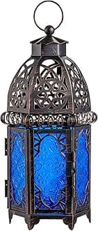 NEEDOMO Hanging Moroccan Lantern, 12.8'' Vintage Candle Holder, Metal Lanterns Decorative Indoor Outdoor, Table, Patio, Porch, Shelf, Gothic Home Decor (Blue, Large Size)