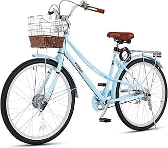 VIRIBUS Beach Cruiser Bike for Women, Step Through Womens Bike with Ratten Basket & Rack, 24 26 inch 1 Speed, City Commuter Adult Bicycle for Short Ladies Female Seniors 330 lb.