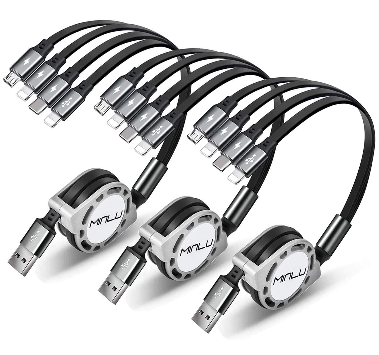 Multi USB Charging Cable 4A 4-in-1 Retractable USB Fast Charger Cord for Dual IP/Type C/Micro USB Ports Compatible with Phone/Huawei/Samsung Galaxy/Sony/LG/Tablets(3Pack/4Ft)