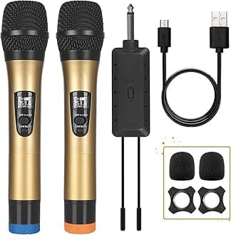 ALPOWL Wireless Microphone, UHF Dual Cordless Dynamic Mic System,Handheld Karaoke Microphone with Rechargeable Receiver(Auto Connect,200 ft Range) for Singing, Church, Speech, Wedding, Party