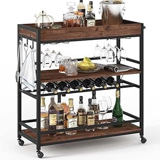 BON AUGURE Bar Cart for The Home, Rolling Home Bar Serving Cart on Wheels, 3 Tier Liquor Beverage Carts with Wine Rack and Glass Holder (Rustic Oak)