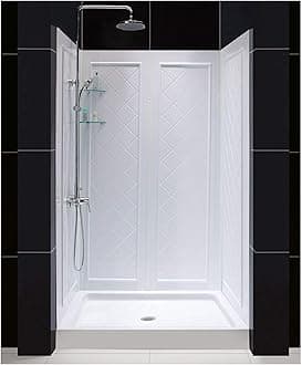 DreamLine 32 in. D x 48 in. W x 76 3/4 in. H Center Drain Acrylic Shower Base and QWALL-5 Backwall Kit In White, DL-6070C-01