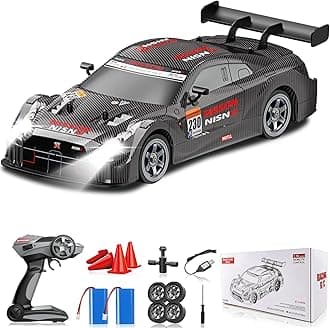 RC Drift Car 2.4GHz, 1/16 Remote Control Cars 4WD Fast Drifting Car Rechargeable RC Cars for Adults Kids Black Hobby Racing Vehicle with Lights Drifting Tire Toy for Boys
