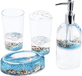 4 Piece Acrylic Liquid 3D Floating Motion Bathroom Vanity Accessory Set Oceam Theme Sea Shell Conch Toothbrush Holder, Tumbler, Soap Dispenser, Soap Dish