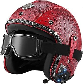 Retro Open Face Motorbike Helmet with Bluetooth, Leather Jet Helmet with Personalized Goggles, DOT Approved 3/4 Motorcycle Half Helmet, Crash Helmet for Adult Men and Women