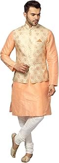 Ethluxis® Men's Silk Blend Kurta Churidar Pyjama with Ethnic Bundi Jacket Set