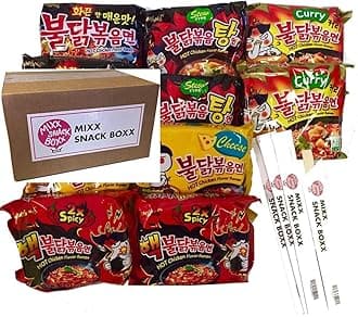 Samyang Hit Spicy Chicken Hot Ramen noodle Buldak Variety 10 pack (2 each:Hek Nuclear,Original,Cheese,Curry,Stew Type) + (4) Mixx Snack Boxx Chopstick
