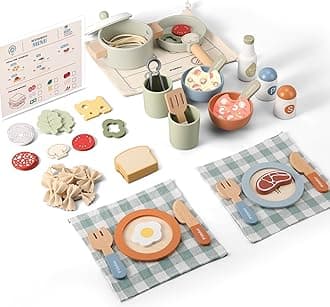 Wooden Pretend Play Kitchen Accessories Toys Set for Kids, Toddlers, Including Play Dishes, Pot, Pan, Utensils, Bread, Pasta; Ages 3-5; Unisex; Green; Kitchen; Children; Toys