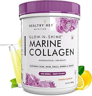 HealthyHey Glow-n-Shine® Marine Collagen Powder - Hydrolyzed | Type 1 Collagen Protein Supplement with Hyaluronic Acid | Amino Acids for Skin, Hair, Nails (Lemon,200g)