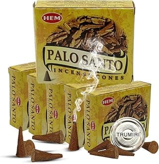 Palo Santo Incense Cones and Burner Holder Bundle from Hem Incense Trumiri for Smudging and Aroma - Pack of 6 (Approx 60 Cones)
