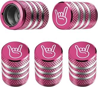 Tire Valve Stem Cap Cover - (5 Pack) Tire Air Cap Metal with Plastic Liner Corrosion Resistant Leak-Proof Rock and Roll for Car Truck Motorcycle Bike Pink