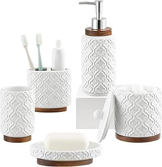 Elegant Bathroom Accessories Set 5 PCS Ceramic and Wood Bathroom Accessory Set Soap Dispenser Toothbrush Holder Tumbler Soap Dish Cotton Swab Jar Easy to Clean Quatrefoil Pattern White