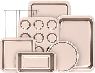 Baking Pans Sets, Nonstick Bakeware Set 7-Piece with Round/Square Cake Pan, Loaf Pan, Muffin Pan, Cookie Sheet, Roast Pan, Cooling Rack & Silicone Oven Mitts, Carbon Steel Bake Set,Gold