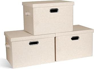 Large 17" 36 Quart Collapsible Stackable Storage Bins with Lids, 3 Packs Light Orange Linen Fabric Closet Boxes with Lids, Storage Cube Baskets Container Organizers for Office (17x12x11)