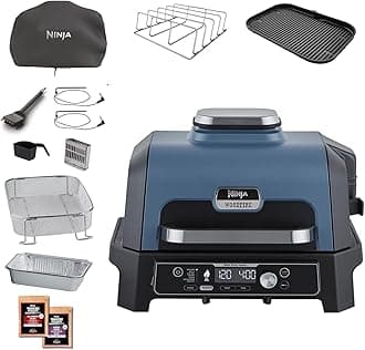 Ninja Woodfire Pro Connect XL Electric BBQ Grill & Smoker with App Control, 2 Digital Probes, Rib Rack, Cover, Liners & Cleaning Brush, Large 7-in-1 Outdoor Grill & Air Fryer, Blue & Black OG901UKAMZ