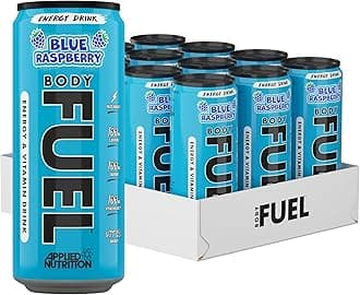 BodyFuel Energy & Vitamins Drink - Fast Energy, Energy Drink, Sugar Free with Caffeine (Pack of 12 Cans x 330ml) (Blue Raspberry)