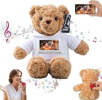 Personalised Teddy Bear with Voice Recording for Kids Adults, Personalised Gifts Bear with Bow Plush Toys with Text+Photo as Customised Gift for Valentines Christmas (13 inch-Text+Photo)