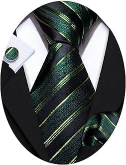Barry.Wang Mens Striped Tie Classic Woven Necktie with Scarf Cufflinks Formal Black Green Size