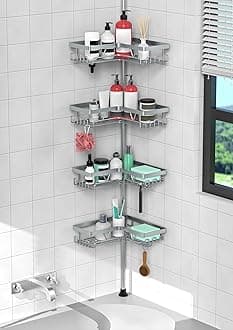 KEGII 4-Tier Corner Shower Caddy Tension Pole - Adjustable Shower Tension Rod Organizer, Floor to Ceiling Shower Caddy 25-114.2 inch, Shower Towel Rack Corner Waterproof, Light Gray