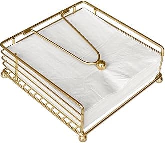 Napkin Holder for Table, Flat Napkin Dispenser with Weighted Arm, Square Cocktail Paper Holder of Elegant Rustic Iron for Kitchen Dining Room Decor Restaurant Farmhouse Hotel Party, Gold