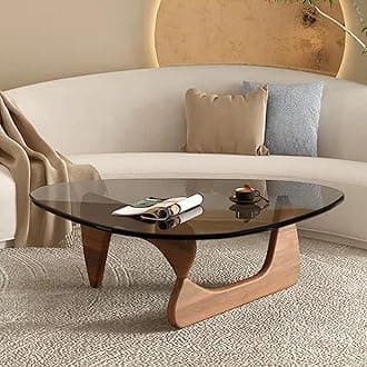QQXX Vintage Glass End Table Coffee Table,Modern ontemporary Abstract Wooden Base and Triangle Clear Glass Top End Table，Irregular Glass Top Coffee Table for Table Side End Table Living Room Easy