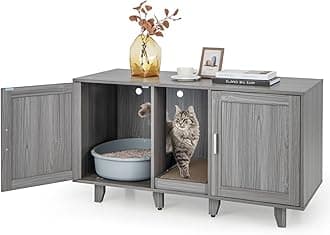 GYMAX 2-Door Cat Litter Box Enclosure, Large Stackable Hidden Privacy Kitty Washroom Furniture Cabinet with Winding Entry and Scratching Board, Indoor Cat House TV Stand Side Table (Grey Oak)