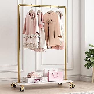 Gold Metal Clothing Rack with Wood Shelf, Heavy Duty Rolling Garment Rack with Wheels for Bedroom Retail Boutique Use (37.4L inches)