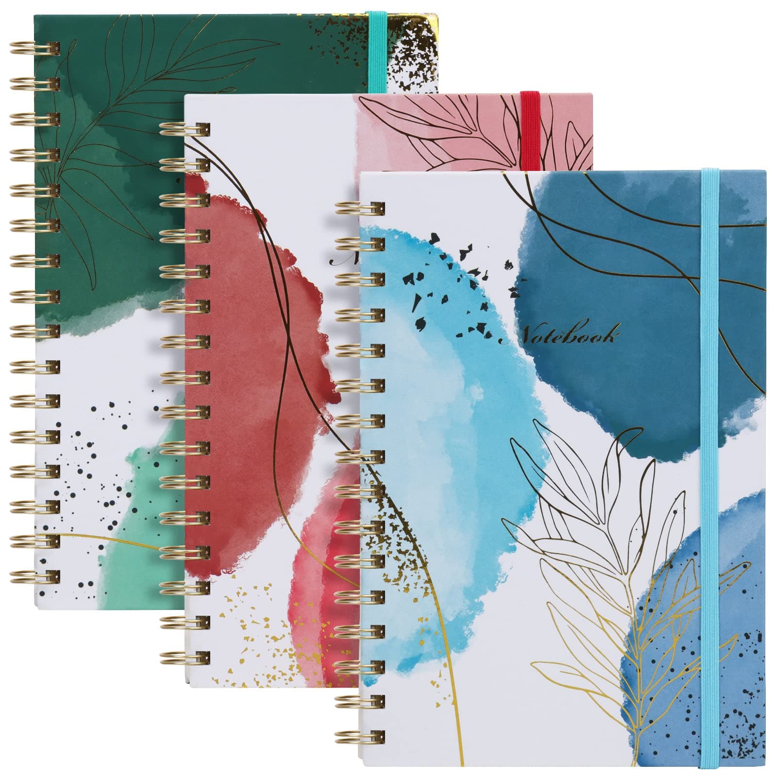 EOOUT Spiral Notebook Journals for Work, 3 Pack, A5 Size, 8.5x5.7 Inches, College Ruled Hardcover Spiral Journal, 160 Pages, 3 Watercolor Design Back Pocket, Office School Supplies Gifts