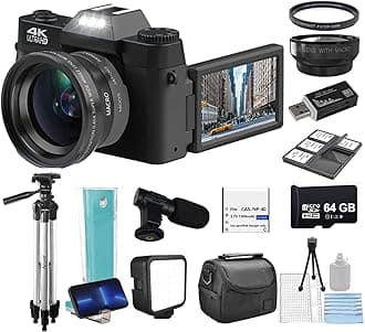 Acuvar4K 48MP Digital Camera Kit for Photography, Vlogging Camera for YouTube with Flip Screen, WiFi, Wide Angle & Macro Lens, 64GB Micro SD Card, 50" Tripod, Case, Card Reader, Microphone, LED