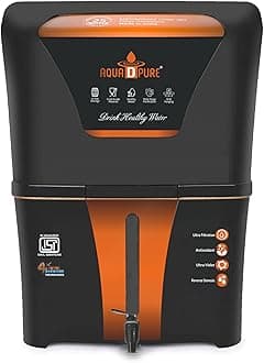AQUA D PURE Alkaline RO Water Purifier 12L RO+UV+UF+TDS Control with Goodness of copper 12 Liter Large Storage Tank, Suitable for all type of water supply. (color: Black)
