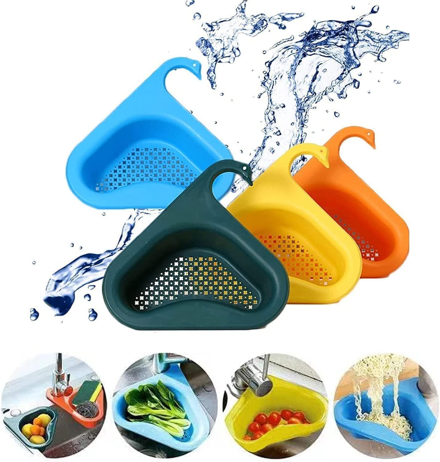 Plastic Drain Sink Basket Multi-Function Triangular Swan Shape Kitchen Sink Drain Basket, Hangs On Faucet, Basket for Washing Vegetables, Fruits Sink Dustbin to Filter Household Waste Pack- 2