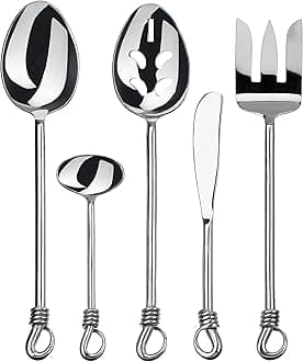 Gourmet Settings 5-Pieces Hostess Silverware Twist Collection Polished Metal Flatware Serving Set, Stainless Steel Kitchen Utensils Knife/Fork/Spoons