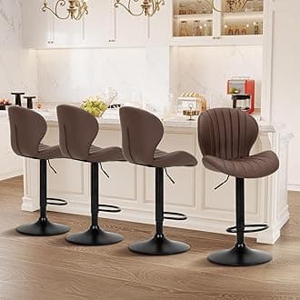 COLAMY Bar Stools Set of 4, Modern Swivel Bar Chairs, Adjustable Faux Leather Upholstered Barstools Counter Height with High Backrest for Bar, Kitchen Island, Dining Room, Brown