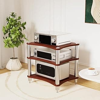3-Tier AV Media Stand, Stereo Racks and Stands, Audio Equipment Cabinet with Speaker Spikes, Entertainment Device Open Air Storage (Dark Wood, 3-Tier)