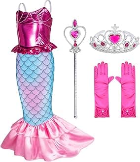 Party ChiliLittle Girls Mermaid Princess Costume for Girls Dress Up Party with Gloves,Crown Mace