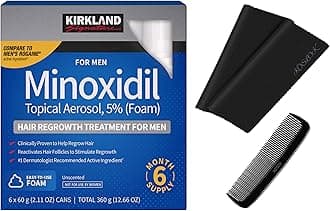 Kirkland Signature Hair Regrowth Treatment Minoxidil Foam for Men, 2.11 oz, 6 Count (6 Month Supply) - 2 MicroFiber Cleaning Cloths and Comb Included