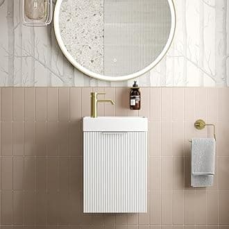 Fluted 400mm Bathroom Vanity Unit Ceramic Wash Sink, Cloakroom Storage Furniture Under Basin Cabinet Wall Hung Cupboard, Matt White