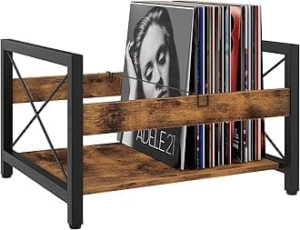ELITEROO Vinyl Record Holder, Wooden Record Crate Fits 7” -12” Records, Vinyl Shelf Holds up to 50-100 Albums, DVDs, CDs or Files Wood Book Storage Stand Desktop Organizer Box, Rustic Brown