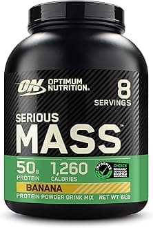 Optimum Nutrition (ON) Serious Mass: High Protein Muscle Building & Weight Gainer Protein Powder, 50 Grams of Protein, Vitamin C, Zinc And Vitamin D For Immune Support - Banana, 6 Lbs (2.72 KG)