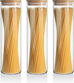 ComSaf Glass Spaghetti Pasta Storage Container for Kitchen Pantry with Lids 41oz Set of 3, Tall Clear Airtight Food Storage Jar with Sealing Wood Cover for Coffee, Sugar, Noodles, Linguini, Lasagna