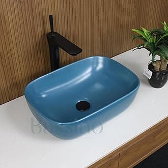 BASSINO 18x13x5.5 Inches Ceramic Counter Top Wash Basin/1 Year Warranty/Rectangular Tabletop Basin for Bathroom/Above Counter Sink for Dining Hall/Living Room/Hotel/Office(Matt Blue Finish)