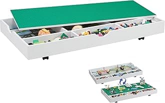2 in 1 Rolling Game Table, Kids Toy Organizer with Locking Wheels, Play Table with Block Board and Train Car, suitable for Storing Under Bed or Sofa