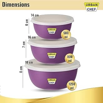 URBAN CHEF Mixing Bowl Set of 3 Stainless Steel (500ml, 800ml,1250ml) | Microwave Safe & Dishwasher Safe | Bowl Set with Lid | Bowl Set for Gift | Bowls for Snacks | Serving Bowls Kitchen Accessories