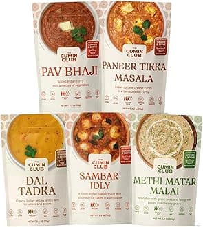 The Cumin Club Variety Pack | 5 Authentic Indian Meals | Ready in 5 Minutes, Just Add Water | All-Natural, No Preservatives | Vegetarian-Friendly