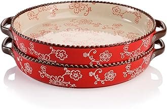 AVLA 2 Pack Ceramic Pie Pan, 9 Inch Round Baking Dish with Double Handle, 28 Ounce Deep Quiche Plate for Kitchen, Cooking, Roasting Lasagna (Sakura, Red)