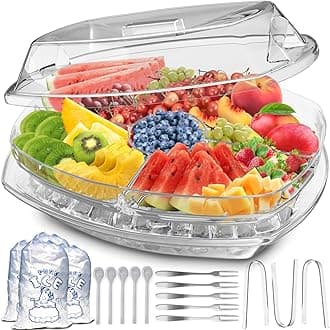 Premium Chilled Serving Tray for Parties - 15" Ice Chilled Party Platter w/Lid & Dip Holder - Functional Cold Dish w/ 4 Compartments - Perfect for Fruits, Veggies, Shrimp Cocktail - Keeps Food Cool