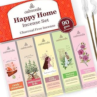 CALMVEDA, Happy Home Incense Sticks Multipack- (5 Variants) Charcoal Free Insensé Sticks, Made from Upcycled Flowers | Premium Comforting Joss Sticks Scents Vanilla Cake, Cedar, Rose & Cinnamon